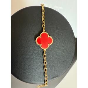 Genuine Red Carnelian Clover Bracelet – New – 14K Gold-Plated over 925 –6-7 in